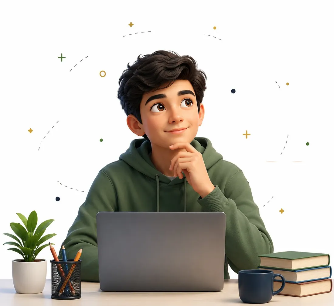 A student at a laptop, chin on hand, looking up mid-thought, with books, a plant and pencils on the desk.