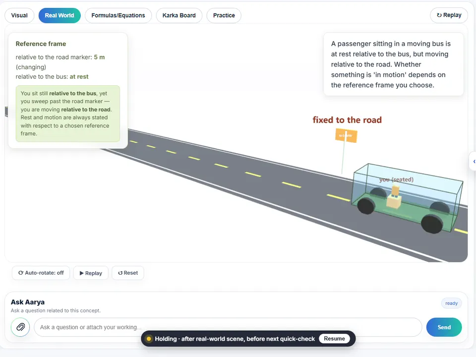 The Karka board held mid-lesson: a bus on a road, drawn to explain reference frames, under the banner “Holding · after real-world scene, before next quick-check”.